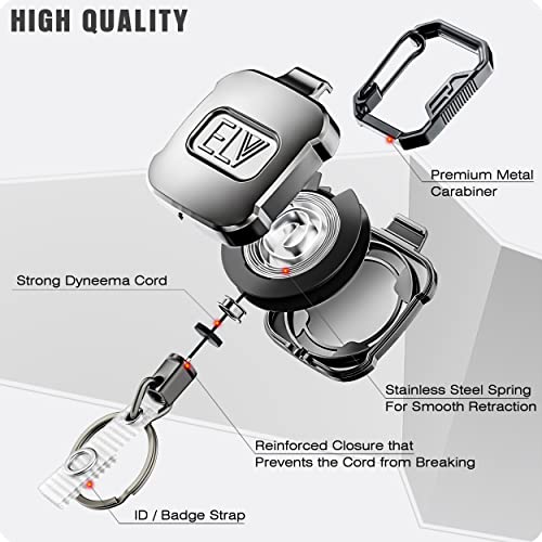 1 Pack Elv Retractable Id Badge Holder, Retractable Keychain Badge Reel, Heavy Duty Metal Body, Strong Dyneema Cord, Carabiner And Key Chain, 30 Inch Wire Extension, Hold Up To 15 Keys And Tools #TOP2