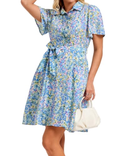 Image of Women Long Sleeve Spring Button Down A-Line Floral Print Summer Cocktail Shirt Dresses with Belt