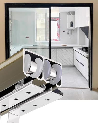 Kit Puerta Corredera Riel Doble para Puerta Corrediza y de Bolsillo para Granero, Kit de Herrajes para Riel de Puerta Auxiliar para Cobertizo / Armario Exterior, Rieles(Champagne Gold,54in/137.2cm)