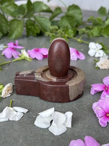 Image of 1.5 inch Original Narmadeshwar Narmada Shivling with 3 inch Narmada Stone Yoni Base Jaladhari (Ardhanarishwar Shivling, Multicolor Flate Jaladhari)