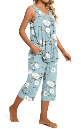 Image of TAOHUADAO Womens Summer 2 Piece Pajama Sets, Sleeveless Tops with Capri Pants, Lounge Ladies Pjs Sets with Pockets