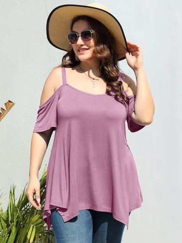 Image of LARACE Cold Shoulder Tops for Womens Summer Clothes Spaghetti Strape Tunic Oversized Shirts Asymmetrical Plus Size Blouse