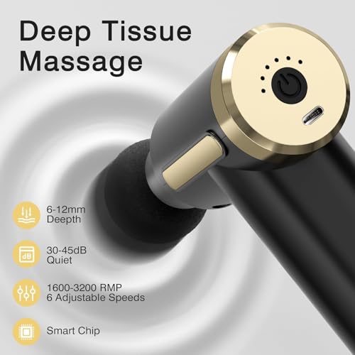 Image of Massage Gun for Deep Tissue Muscle Relief | 6 Speed Levels | 4 Interchangeable Massage Heads | Quiet Brushless Motor | USB Type-C Rechargeable Percussion Massager for Neck, Back, Shoulders, Legs & Full Body Recovery