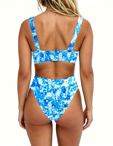 Image of geluboao Bikini Set for Women Solid V Neck Knot Front Push Up High Leg Thong Two Piece Swimsuit