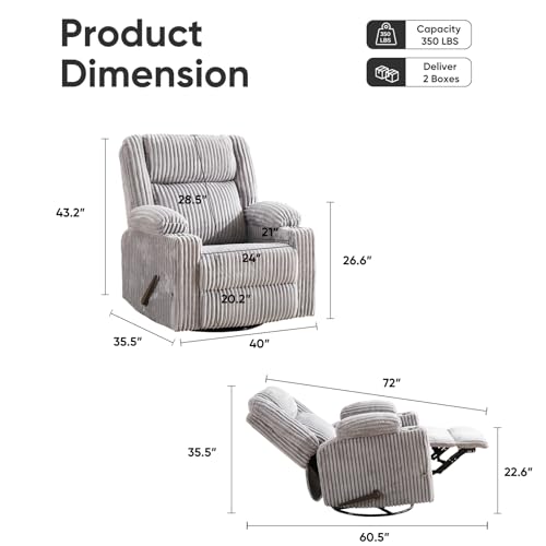 Image of Oversized Manual Recliner Chair with Arm Storage,Swivel Rocker Recliner Chair for Adults with Adjustable Headrest,Nursery Glider Recliner with Phone Stand and Side Pockets for Living Room,Light Grey
