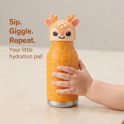 Image of JOUET 450ml Stainless Steel Kids Water Bottle with Cute Giraffe Character Lid, Leakproof Drinking Bottle for School, Travel, Sports & Everyday Use