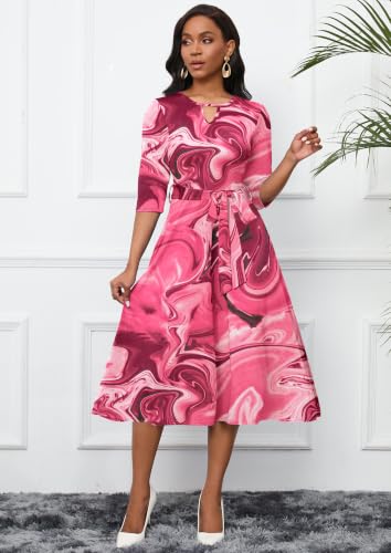Image of CLOCOR Midi Dresses for Women Casual A-Line Fit and Flare Dress Crewneck 3 /4 Sleeve Keyhole Cocktail Party Church Dress