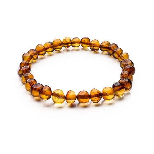 Baltic Proud Natural Baltic Amber Bracelet for Adults (Women/Men - Unisex) Cognac Polished color - Hand made From Raw-Unpolished/Certified Baltic Amber Beads