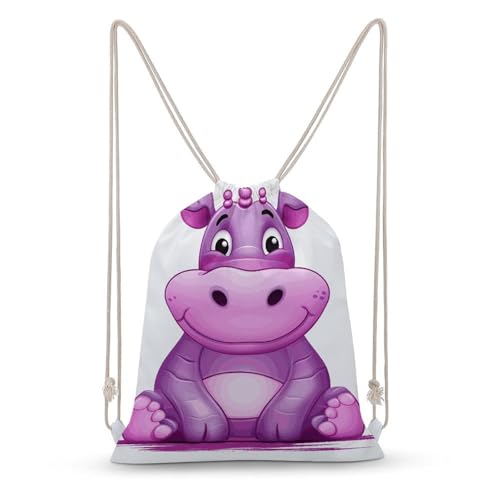 Drawstring Backpack Gym Bag Cartoon Purple Hippo Cinch Sackpack Waterproof Beach Bag for Women Men