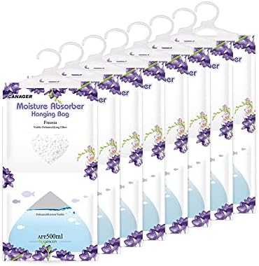 CANAGER Hanging Moisture Absorber, Freesia Moistureproof Desiccant Hanging Bag，Dehumidifier Bag (8 packs) Hanging Closet Dehumidifier Bags, Moisture Absorb 12.5 oz