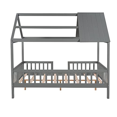 Biadnbz Full Size House Bed With Fence And Roof, Wood Low Platform Bedframe W/Slats Support, For Kids Teens Bedroom, Gray #TOP5