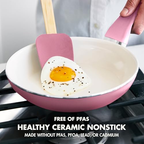 Image of GreenPan Rio Healthy Ceramic Nonstick 8 inch Frying Pan Skillet and Silicone Spatula Set, Soft Grip Handle, Breaktfast Meal Set, PFAS-Free, Dishwasher Safe, Oven Safe, Pink