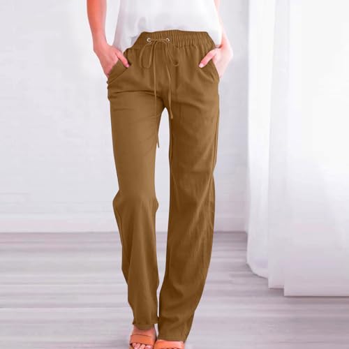 Image of Linen Pants Women High Waisted Drawstring Casual Pant Cotton Linen Straight Leg Lounge Trousers with Side Pockets
