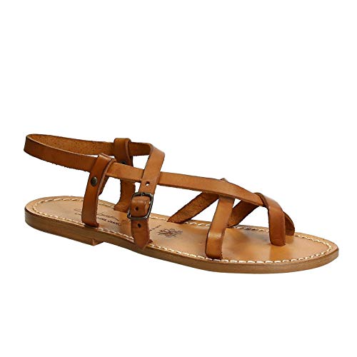 Gianluca - Handmade Women's Tan Leather Manmade Flat Sandals Sandals - Size: 6 US