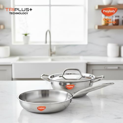 Image of Praylady Triplus Aura 3-Piece Tri-Ply Stainless Steel Cookware Gift Set - 20cm Kadai, 20cm-1.7ltr | Frying Pan with Common Lid | Naturally Non-Stick, Superior Heat Distribution, Elegant Gift Choice