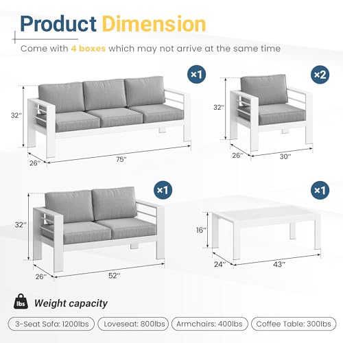 Solaste Aluminum Patio Furniture Set for All Weather, Oversized Metal Outdoor Furniture Set with 27.5" Deep Seating and 3.2" Wide Armrest, Outdoor Patio Conversation Set with 5" Cushion, White
