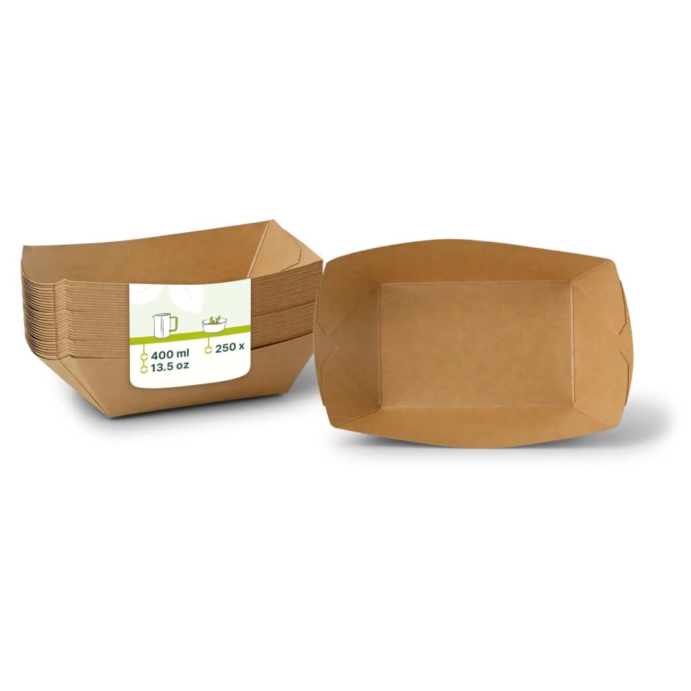 GREENBOX Snackschale aus Pappe 250 Stück 400 ml, 17 x 12,5 x 4 cm braun eckig - Einwegteller mit PE-Beschichtung - Pommesschale, Fingerfood, Dessertschale, Tapas Schale, Currywurst Teller - Snackbox