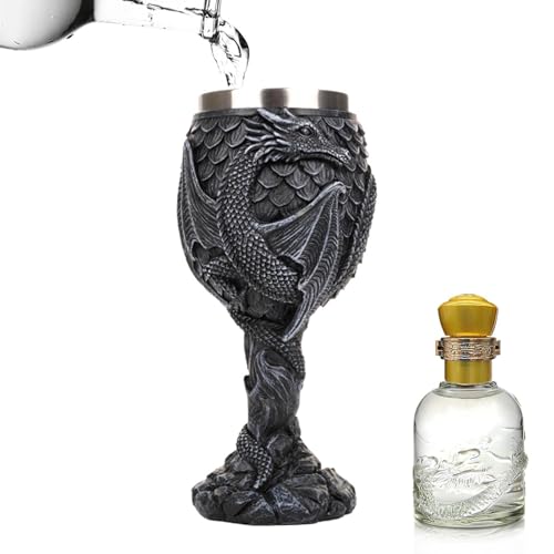 Cáliz de vino de dragón – Copa medieval de 117 ml, copa de resina de acero inoxidable | de vino con relieve de dragón de fantasía, recipiente mágico decorativo para beber, accesorios de regalo co