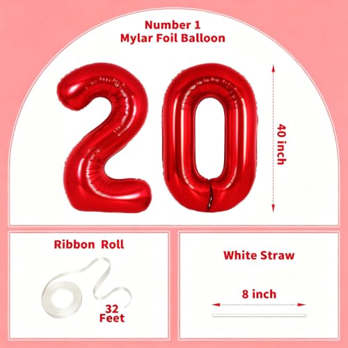 Image of Number Balloons Red Party Balloon - 40 Inch Large Number 20 Balloon, Numbers Balloon Birthday Decorations, Red Party Supplies for Anniversary