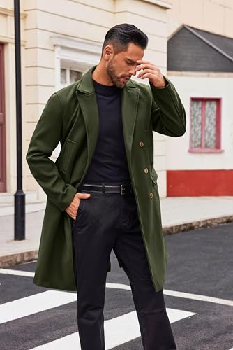 Image of Runcati Mens Trench Coat Notch Lapel Slim Fit Double Breasted Casual Long Business Pea Coat Overcoat