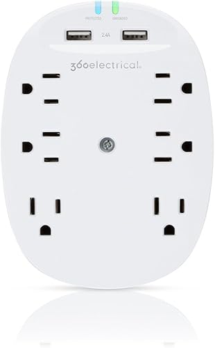 360 Electrical 360303 llave de pared para protector contra sobretensiones Studio24 6 tomacorrientes carga USB 24 Amp12W 360303