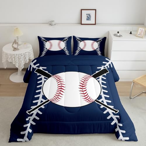 Image of Feelyou Softball Comforter Set King Size Kids Baseball Comforter for Boys Girls Teens Baseball Gaming Bedding Set Sports Theme Navy Blue Quilt Set