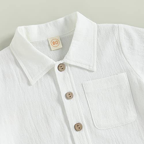 Hoanselay Baby Boy Cotton Linen Shorts Set Solid Color Short Sleeve Button Down T-Shirt Tops And Shorts Summer Outfit Clothes (White Shorts Set, 12-18 Months) #TOP4