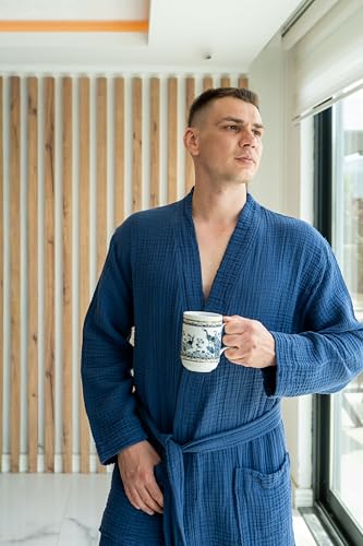 Image of Muslin Unisex Bathrobe Women & Men, 100% Cotton Kimono Lightweight Robe | Long Robes Soft, Absorbent, Spa robes