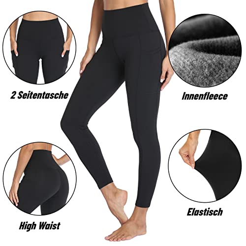 FOTOCITI Thermo Leggings Damen Winter Mit Tasche Thermoleggins Gefütterte Fleece Warme Thermounterwäsche High Waist Lange Sportleggins Yogahose Hose