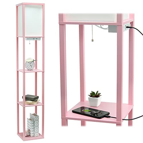 Image of Simple Designs LF1037-LPK Floor Lamp Etagere Organizer Storage Shelf with 2 USB Charging Ports, 1 Charging Outlet and Linen Shade, Light Pink