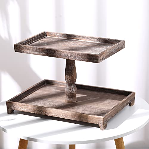 Farmhouse Tiered Tray Stand Rustic Wood Decor Holder Farmhouse Wooden Decorative 2 Tier Rectangular Tray Serving Farmhouse Two Tiered Stand For Home Kitchen Cake (Brown) #TOP6