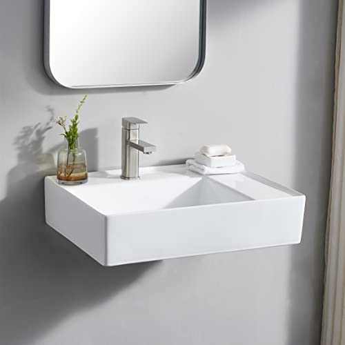 Comllen Ceramic Wall Mounted Vessel Sink, 24”X18” Rectangular Above Counter Bathroom Vessel Sink White Porcelain Lavatory Vanity Vessel Sink With One Faucet Hole #TOP2