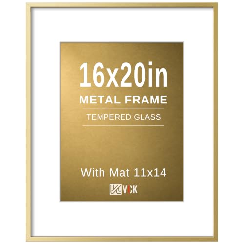 Image of VCK 16x20 Frames Gold Metal, Real Glass, 11x14 Mat, for Picture Print