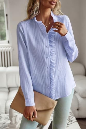 ELFTOWN Women's Ruffle Trim Button Up Long Sleeve Blouse Top Cotton Stand Collar Elegant Work Shirt2