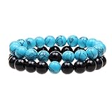 QSKS Couples His and Hers Bracelet Blue Turquoise&Black Agate Beads Distance Bracelet