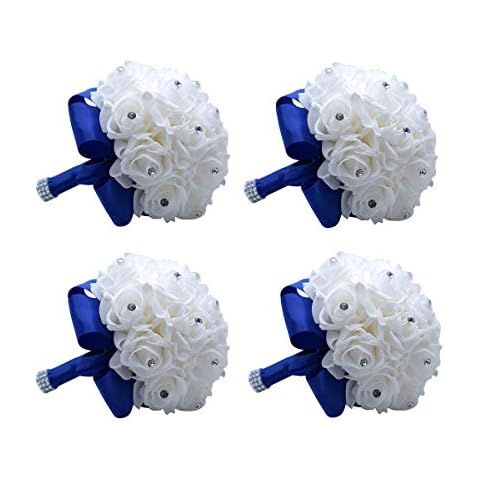 MOJUN Wedding Bouquets Crystal PE Roses Bridal Bridesmaid Wedding Hand Holding Bouquet Artificial Fake Flowers Toss Bouquet, 4 Pack Sapphire Cover