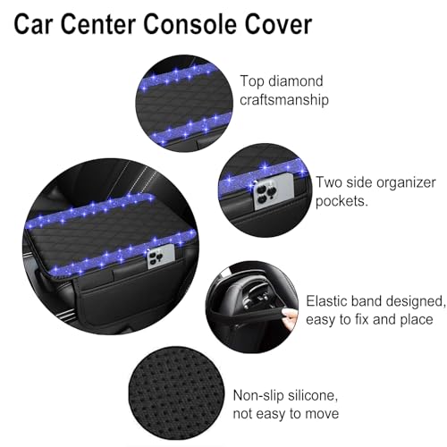 NBTEPEM Bling Car Center Console Cover, Leather Car Arm Rest Cover Cushion with 2 Storage Bags, Universal Automotive Armrest Protector Storage Box, Bling Accessories Interior for Most Vehicles (Blue) - Thumbnail 3