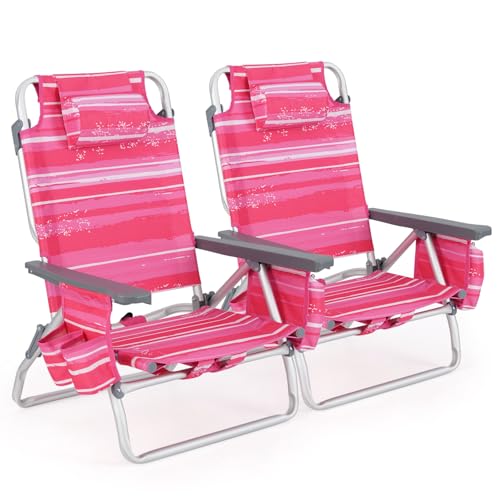 Image of Tangkula Set of 2 Backpack Beach Chair, 5-Position Lightweight Folding Lay Flat Beach Chairs with Cooler Bag, 2 Cup Holders, Towel Bar, Backpack Straps