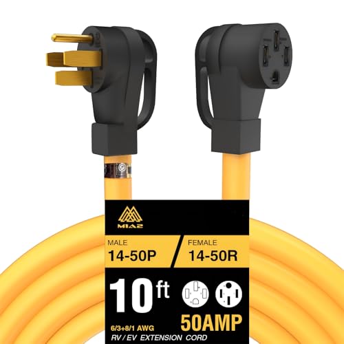 M1A2 RV Power Yellow Extension Cord 10 FT Waterproof NEMA 14-50P Male to 14-50R Female Heavy Duty 6/3+8/1 Gauge STW Wire with Grip Handle ETL Listed 4 Prong 50 Amp 10 Feet