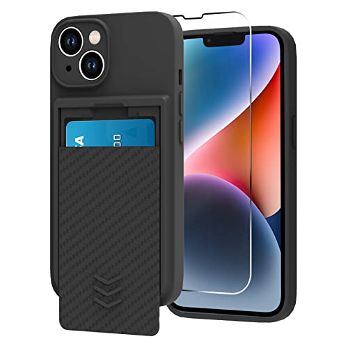 Mzelq Wallet For Iphone 14 Case, Hide Push-Pull Card Holder Camera Protection Luxury Cover + Screen Protector, Card Slot Case Elegant Iphone 14 Phone Case -Black #TOP20