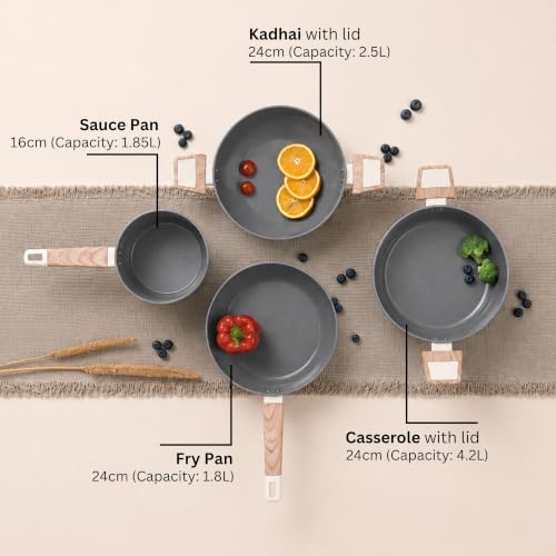 Image of Kreme Ceracook Ceramic Coated Granite 8 Pc Cookware Gift Set Casserole, Frying Pan, Kadai, Tawa, 2 Spatulas, ISI Certified, Forged, Gas & Induction, PFAS & PTFE Free,1 Yr Warranty, Olive Green