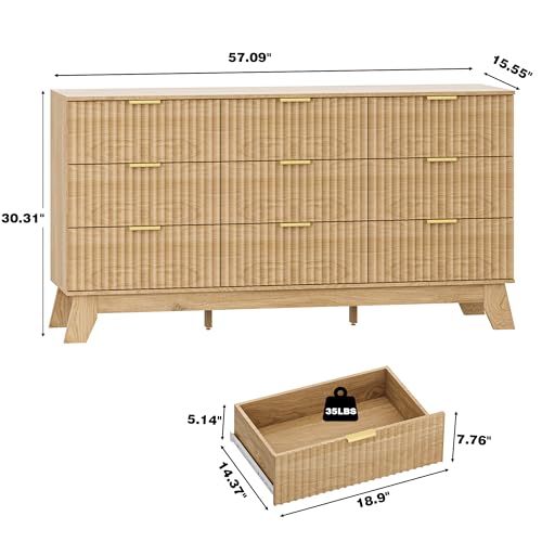 Image of HUANLEGO Fluted Dresser for Bedroom with 9 Drawers, 57 inch Mid Century Modern Dresser of Closet TV Stand, Nature Wood Dressers with Gold Handle, Boho Closet Wide Modern Chest of Drawers, Natural