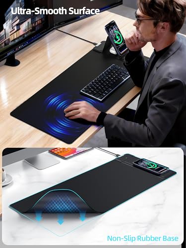 Image of Mouse Pad with Magnetic Wireless Charging & Adjustable Phone Stand | 27.5 inchx11.8 inch Computer Keyboard Pad Mat with Anti-Slip Base & Stitched Edge, Easy Gliding, Spill-Resistant Surface, Black