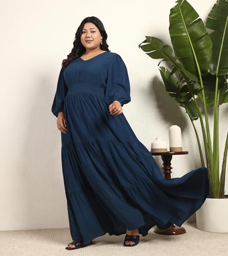 Image of DEEBACO Women's Plus Size Solid Rayon Tiered Maxi Dress|3 /4 Sleeve|V-Neck|Casual Trending Stylish Long One Piece Dresses Women Western