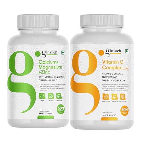 Image of GLIMLACH Calcium Magnesium & Zinc Tablets with Vitamin D3 & Vitamin C Complex Tablet with Amla and Zinc for Men & Women - Supports Energy, Immunity, Antioxidant, Bone Health