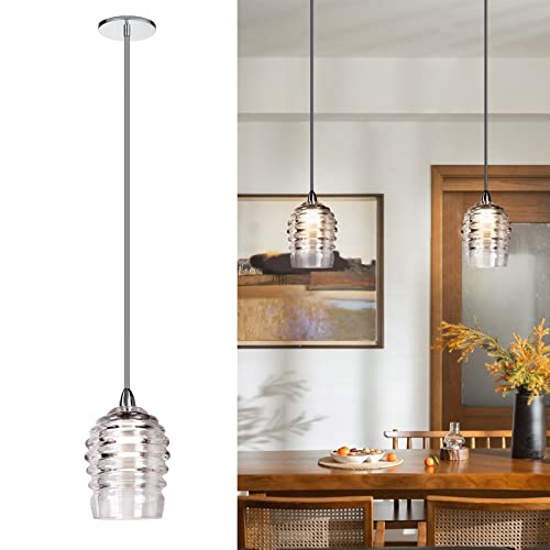 1-Light Led Pendant Light Fixtures, Heavy Duty Single Glass Pendant Light With Adjustable Metal Rod For Kitchen Island, Living Room, Dining Room, 100%-10% Dimmable, Chrome Metal Finish #TOP4