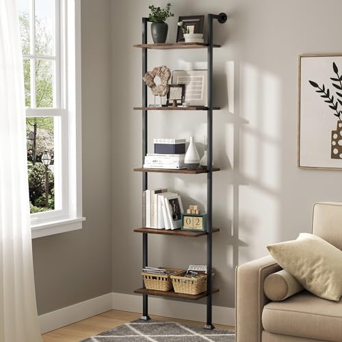 5-Tier Ladder Shelf, Tall Narrow Bookcase for Small Spaces, Book Storage Organizer Case for Living Room, Home Office, Study, Industrial Style Black Metal Frame and Rustic Brown Shelf 5-Tier Ladder Shelf, Tall Narrow Bookcase for Small Spaces, Book Storage Organizer Case for Living Room, Home Office, Study, Industrial Style Black Metal Frame and Rustic Brown Shelf