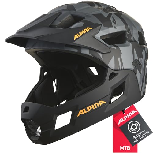 ALPINA RUPI - Fullface-Helm für Kinder, optimaler Schutz und Sicherheit, individuell anpassbar, Black-camo orange matt, 50-55 cm