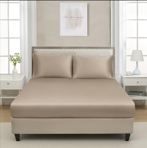 Spannbettlaken Satin 120x200cm Boxspringbett Gold Taupe Seide Glanzsatin Glatt Microfaser Glänzend Spannbetttuch 120 x 200 cm Uni Blaue Bettlaken für Boxspringbett Topper Matratze bis 25 cm