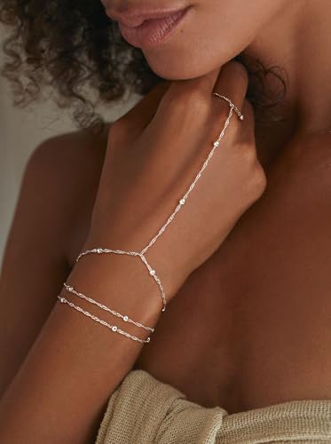 CHESKY Silver Hand Chain Bracelets for Women Set - Dainty Silver Finger Ring Bracelet Stack Adjustable Hand Chains Durable Beaded Bracelets Trendy Simple Body Jewelry Gift for Women2